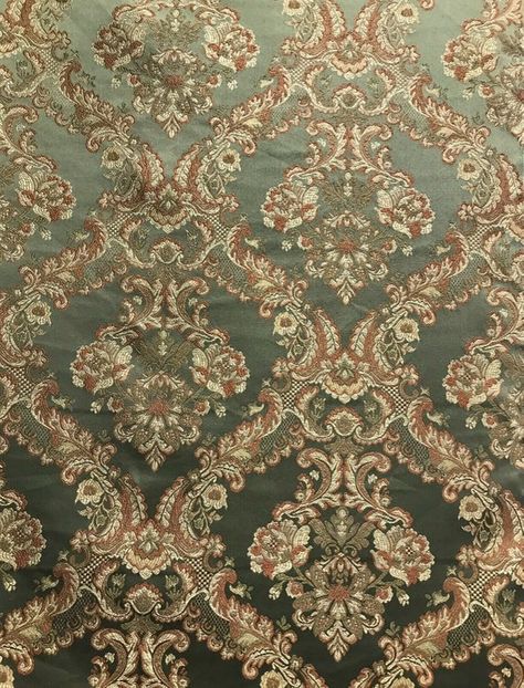 NEW SALE Neoclassical Brocade Satin Damask Upholstery Fabric- Louis Green Damask Upholstery Fabric, Antique Brick, White Prom, Art Studio At Home, Baroque Pattern, Texture Inspiration, Bead Embroidery Patterns, Floral Damask, Fabric Textures