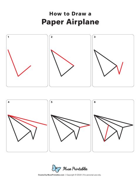 Learn how to draw a paper airplane step by step. Download a printable version of this tutorial at https://museprintables.com/download/how-to-draw/how-to-draw-a-paper-airplane/ Paper Airplane Doodle Step By Step, Drawing Of Paper Airplane, Paper Airplane Drawing Step By Step, How To Draw A Paper Airplane, How To Draw Paper, How To Draw Airplane, Learn To Draw For Beginners Step By Step, How To Draw Letters, Paper Airplane Drawing