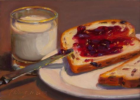 Wang Fine Art: still life with milk, bread and raspberry jam, 5x7 in. Breakfast Painting, Oil Still Life, Food Paintings, Food Art Painting, Painting A Day, Arte Peculiar, Milk Bread, Food Painting, Daily Painting