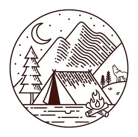 Camping At Night, Camping Illustration, Camping Drawing, Design Camp, Circle Illustration, Night Illustration, Mountain Illustration, Circle Drawing, Graphic Arts Illustration