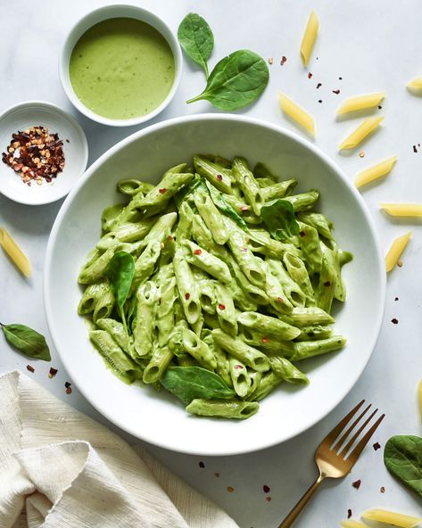 Creamy Spinach Pesto Penne — Rio's Garden Blood Type A Diet, Penne Pesto, Type A Diet, Pine Nut Pesto, Pesto Spinach, Spinach Pesto, Processor Recipes, Like Rice, Creamy Pesto