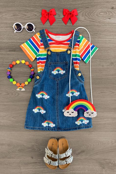 Indie Outfit Inspo, Boutique Outfits, Sparkle In Pink, Overall Outfit, Rainbow Outfit, Your Pretty, Denim Overall Dress, Stripe Outfits, Stripped Dress