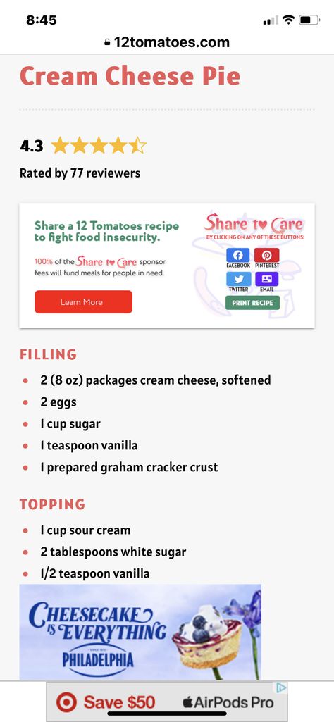 Cream Cheese Pie By 12 Tomatoes, 12 Tomatoes Cream Cheese Pie, Cream Cheese Pie 12 Tomatoes, Egg Casseroles, Cream Cheese Pie Recipes, Cheese Dreams, Heavenly Desserts, Dessert Pie Recipes, Dessert Pie