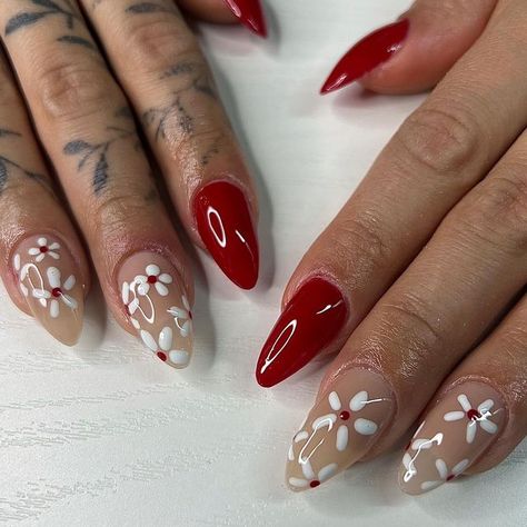 Red Nails White Flowers, Red Nails With Flowers, Confirmation Nails, Red Floral Nails, Red Flower Nails, Red Spring Nails, Deep Red Nails, Gel X Nails, X Nails