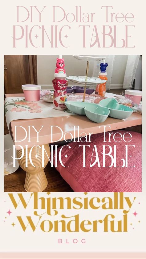 Kara Adams on Instagram: “Slow that scroll! DIY Dollar Tree picnic table coming your way! My major diy project of the summer and I’m so excited about it! About a…” Dollar Tree Picnic Ideas, Diy Low Table For Kids Party, Diy Kids Table For Party, Diy Kids Party Table, Kids Picnic Table Diy, Diy Boho Picnic Table, Picnic Table Party, Diy Kids Table, Kids Party Tables