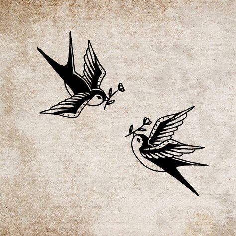 Two Birds Traditional Tattoo, Tradition Bird Tattoo, Black And White Swallow Tattoo, Traditional Sticker Tattoo Sleeve, Sparrow Tattoo Men Traditional, Classic Bird Tattoo, Two Swallows Tattoo Traditional, Trad Sparrow Tattoo, Black Swallow Tattoo