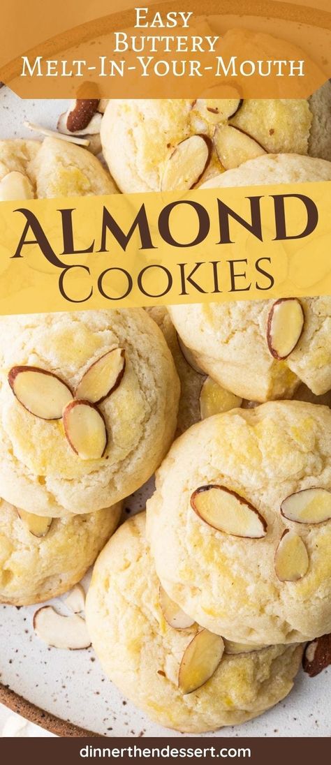 Almond Cookies are the perfect, easy, melt-in-your-mouth, buttery cookie finished with sliced almonds over the top. Try them today! Chocolate Marshmallow Cookies, Almond Desserts, Chocolate Chip Shortbread Cookies, Almond Meal Cookies, Lil Luna, Toffee Cookies, Butterscotch Chips, Almond Flavor, Oreo Dessert