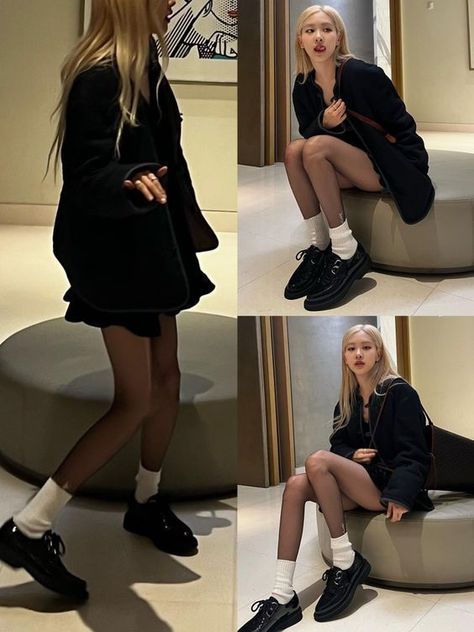 Black Tights Outfit Winter, Kpop Winter Outfits, Dyed Asian Hair, Kpop Idol Fashion, Look Rose, White Socks, Mode Inspo, 가을 패션, Blackpink Fashion