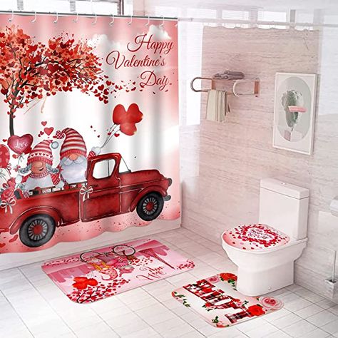 Size Information: the shower curtains for Valentine's Day are about 72 x 72 inches, the non-slip bathmat is about 29.5 x 17.7 inches, valentines toilet seat covers for bathroom are about 17.7 x 13.8 inches, and the U-shaped mat is about 17.7 x 14.8 inches, appropriate sizes to facilitate your various use demands and bring you different decorative effect.. Pink Shower Curtains, Romantic Tops, Valentines Decor, Toilet Lid Cover, Shower Curtain Set, Toilet Seat Cover, Heart Balloons, Bathroom Style, Curtain Sets