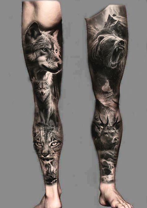 Full Leg Animal Tattoo, Leg Sleeve Animals, Animal Themed Leg Sleeve, Forest Creature Tattoo, Nordic Leg Sleeve, Realism Tattoo Leg, Animal Leg Sleeve Tattoo, Animal Leg Sleeve, Nature Leg Sleeve