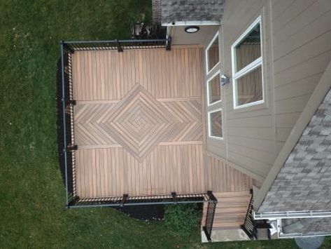 Sometimes perspective can be everything! Milbourn Construction LLC used Fiberon Ipe to create this detailed focal point and beautiful deck. Mixing colors is a great way to add interest and visual focal points to your deck project. See more inspiration on our gallery! Diagonal Decking Design, Decking Pattern Ideas, Decking Designs Layout, Deck Pattern Ideas, Deck Inlay Designs, Chevron Decking, Deck Patterns Design, Deck Flooring Ideas, Deck Board Patterns