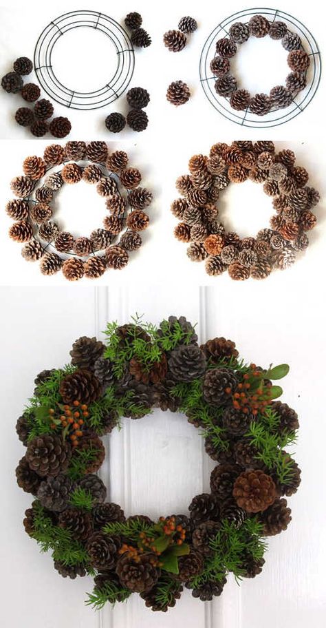 Straw Christmas Wreaths, Organizing Recipes, Pinecone Wreaths, Ribbon Wreath Diy, Diy Christmas Table, Diy Pinecone, Silver Christmas Decorations, Diy Christmas Wreaths, Pine Cone Decorations