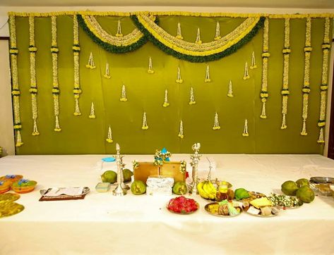 Decor By Krishna Backdrop, Muhurtam Stage Decoration South Indian, Valaikappu Backdrop, Stage Entrance Decoration, Marigold Design, Leaf Decor Wedding, Haldi Ceremony Decorations, Small Wedding Decor, Engagement Stage Decoration