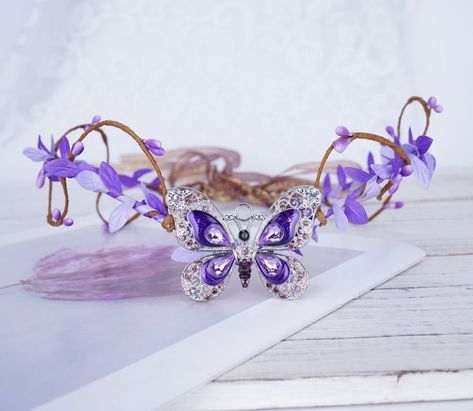 Purple Dress Accessories Jewelry, Purple Butterfly Crown, Purple Crown Aesthetic, Butterfly Quince Dress, Purple Dress Accessories, Purple Butterfly Dress, Purple Tiara, Butterfly Tiara, Woodland Tiara