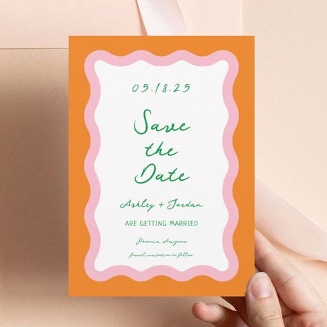 Wavy Retro Colorful Wave 70s Wedding Save The Date - retro party invitations Wave Wedding Invitations, Groovy Save The Date, Save The Date Colourful, Save The Date Ideas Colorful, Retro Save The Date Ideas, Colorful Save The Date Ideas, Retro Wedding Sign, Save The Date Colorful, Colorful Save The Date