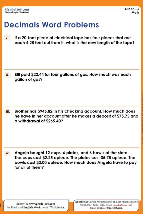 Word Problem with Multiplication of Decimals Numbers Numbers worksheet for Grade 6. 6000 plus Math & English worksheets for Grade 1 to Grade 6 for CBSE/ NCERT/SCERT, ICSE, IB (PYP/MYP), Singapore Math, Cambridge Primary, UK National, K6, Common core standards, Australian, New Zealand & all International Curriculum Subscribe www.grade1to6.com for $6 or Rs 450 a YEAR only!! #grade6 #decimals #decimalnumbers #mathworksheets #englishworksheets #math #mathematics #school #teacher #cbse #pyp Decimal Numbers Worksheet, Multiplication Of Decimals, English Worksheets For Grade 1, Year 4 Maths Worksheets, Math Mental, Decimal Multiplication, Grade 6 Math Worksheets, Decimal Numbers, Decimal Word Problems