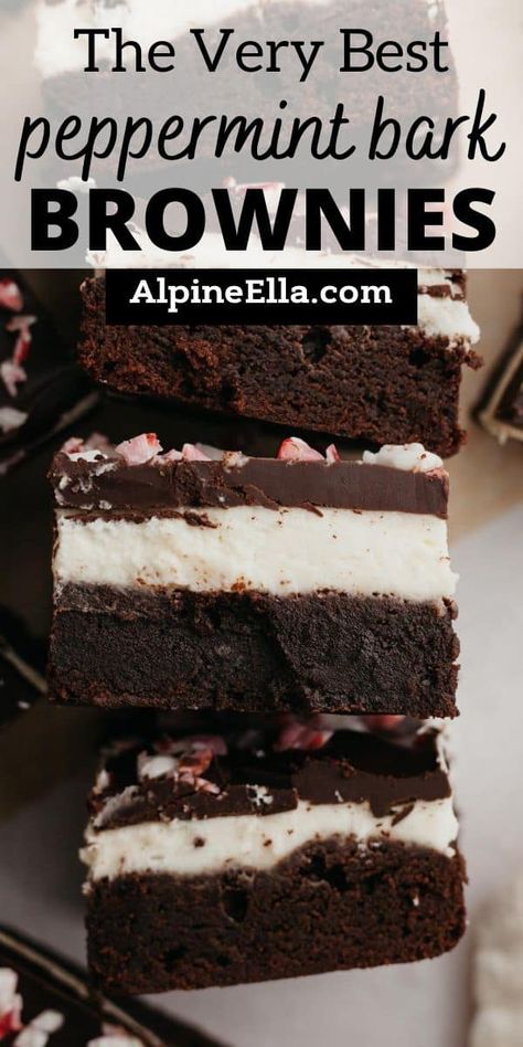 These homemade peppermint bark brownies have a fudgy brownie base, peppermint cheesecake middle, and topped with melted chocolate and crushed candy canes. Peppermint Bark Pie, Christmas Brownies Ideas, Peppermint Bark Brownies, Peppermint Cheesecake Bars, Peppermint Brownies Recipe, Peppermint Bark Cheesecake, Homemade Peppermint Bark, Chocolate Peppermint Brownies, Hot Chocolate Brownies