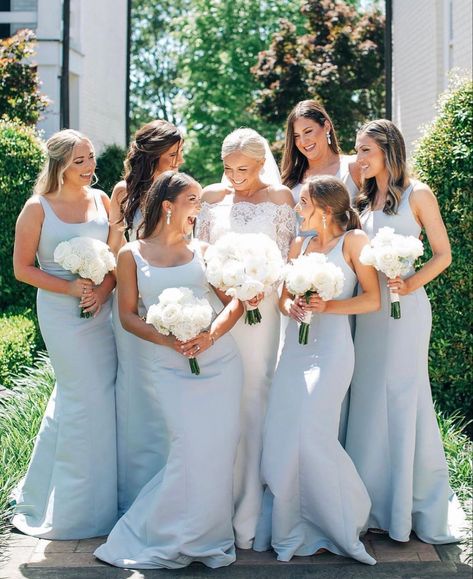 Ice Blue Bridal Party, Sky Blue And White Wedding Theme, Coastal Bridesmaid Dresses, Ice Blue Bridesmaid Dress, Bridal Parties Colors, Blue Mermaid, Elegant Baby, Bella Bridesmaid, Wedding Party Photos