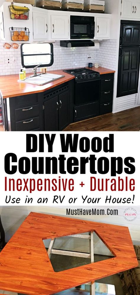 Diy Wood Countertops, Countertops Wood, Outdoor Kitchen Countertops, Camper Trailer Remodel, Diy Camper Remodel, Retro Camping, Rv Makeover, Rv Kitchen, Camper Makeover