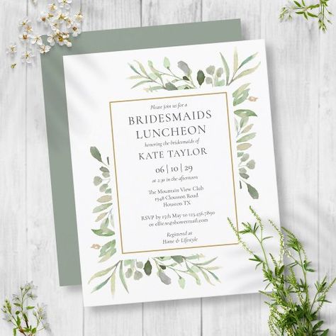 $1.27 | Budget Greenery Bridesmaids Luncheon Invitation #bridesmaids luncheon, bridal brunch invitation, budget bridal luncheon invitation, wedding, watercolor greenery foliage floral, cheap cost effective invitation, gold geometric, elegant modern, outdoor country garden, eucalyptus leaves Bridesmaid Luncheon Invitations, Sage Background, Bridesmaids Luncheon, Luncheon Invitation, Bridal Luncheon Invitations, Bridesmaid Luncheon, Bridal Brunch Invitations, Wedding Watercolor, Modern Bridal Shower