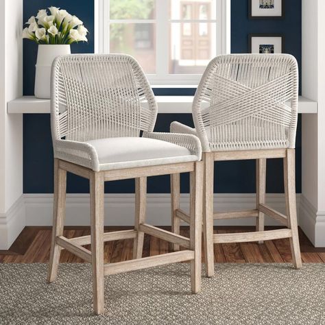 Wendy Bar & Counter Stool & Reviews | Joss & Main Coastal Bar Stools, White Counter Stools, Wicker Bar Stools, Beach House Furniture, Counter Stools With Backs, Bar Stools Kitchen Island, Counter Seating, Island Decor, Counter Chairs