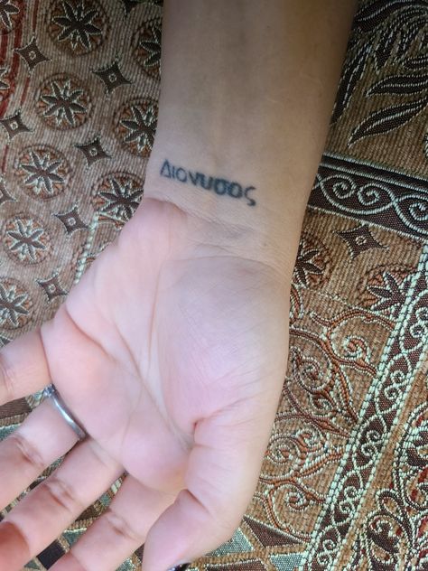 Dionysus in Greek Tattoo Dionysus Quotes, Odysseus Tattoo, Dionysus Symbol, Dionysus Tattoo, Small Greek Mythology Tattoos, Inner Tattoo, Silly Tattoos, Greek Tattoo, Clavicle Tattoo