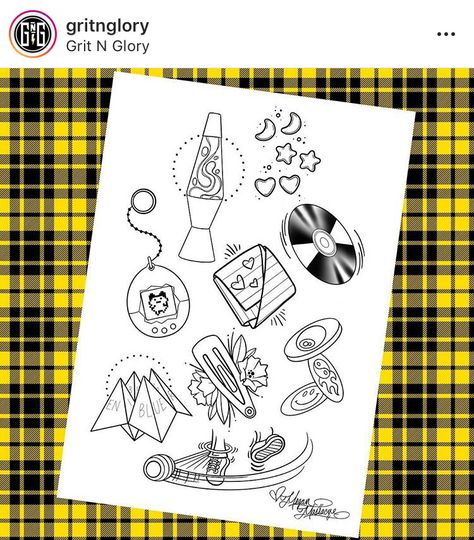 2000s Theme Tattoo, 90s Toys Tattoo, 90s Tattoos Black And White, 70s Flash Tattoo, 80s Flash Tattoo, Themed Flash Sheets, 90s Childhood Tattoo Ideas, 2000s Flash Tattoo, 90s Themed Tattoo