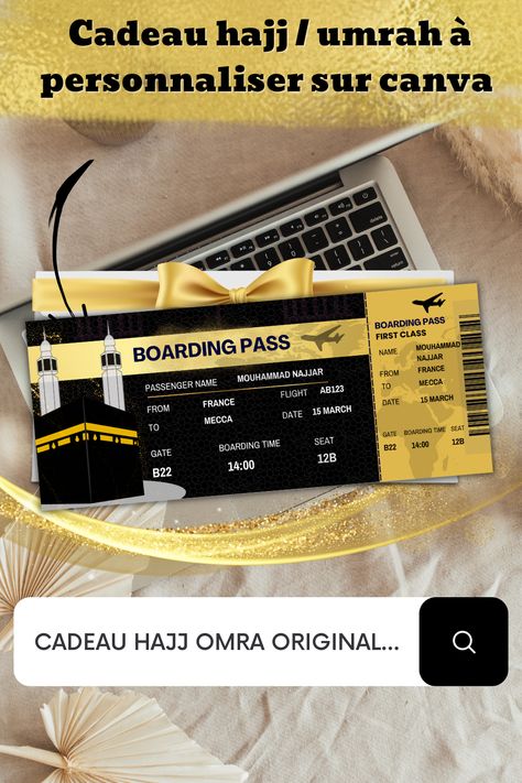 editable airplane ticket, hajj ticket, omra gift, hajj gift, couple muslim, cadeau hajj, cadeau musulman, ticket mecca, billet omra ******************************************** Vous prevoyez ue omra, un hajj marquez le coup en annonçant la bonne nouvelle, le voyage d'une vie, le hajj à la Mecque honorée ou la omra avec ce billet modifiable sur canva je vous presente le modèle avec la carte d'arabie disponible dans notre boutique etsy ou en mp :) Airplane Ticket, Boarding Pass Invitation, Travel Tickets, Jeddah, Mecca, Travel Dreams, Boarding Pass, Quick Saves, Art