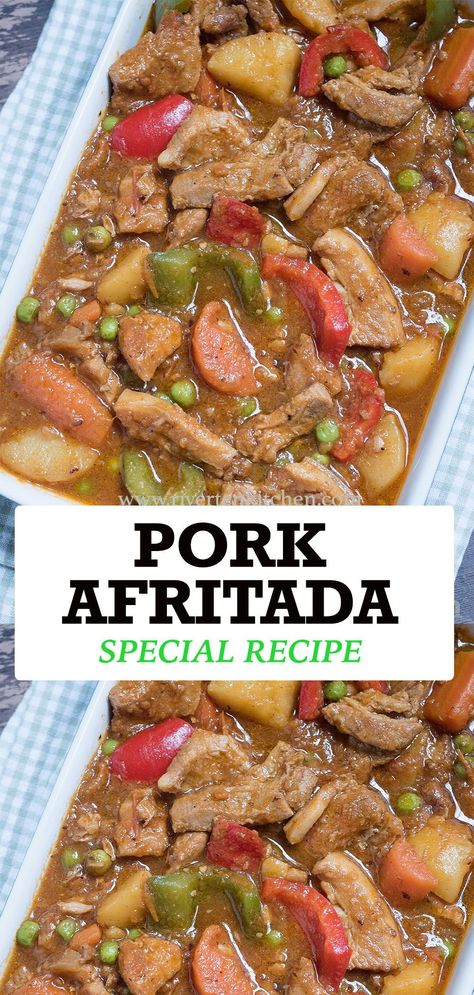 Pork And Pumpkin Filipino, Dice Pork Recipes, Pork Potatoes, Pork Afritada, Pork Afritada Recipe Filipino Food, African Pork Recipes, Afritada Pork Filipino Recipes, Recipes With Pork Stew Meat, Pork And Potatoes