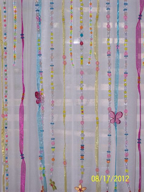 plastic beads and colorful ribbon valance a top sheers Ribbon Curtains Diy, Ribbon Valance, Playroom Walls, Bridgerton Party, Ribbon Curtain, Bead Curtains, Curtains Diy, Diy Lamps, Colorful Ribbon