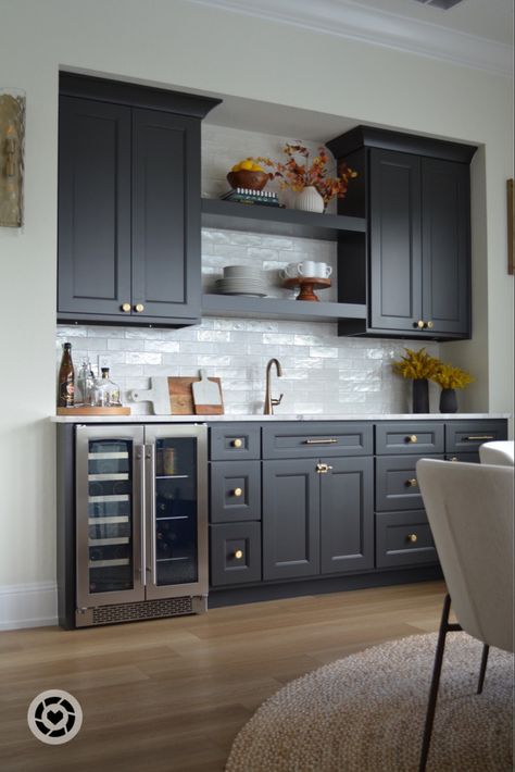 Wet bar, dry bar, home bar, coffee bar, black cabinets, interior design Black Cabinet Wet Bar Ideas, Black Cabinet Coffee Bar, Wet Bar With Black Cabinets, Kitchen With Dry Bar, Wet Bar With Dishwasher, Wet Bar Dark Cabinets, Black Wet Bar Cabinets, Wet Bar And Coffee Station, Wet Bar Coffee Bar Ideas