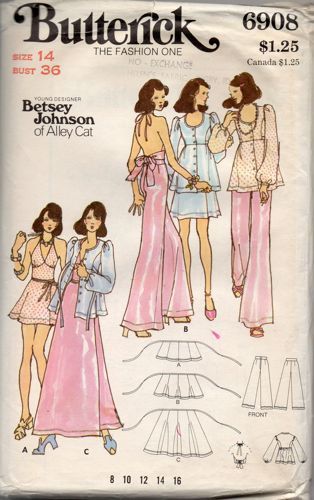 Butterick 6908; ca. 1970s; Young Designer: Betsey Johnson of Alley Cat. Misses' Eevening Smock, Top, Pants& Skirt Add a photo to the gallery by clicking the "modify" button below. 1970s Sewing Patterns, Evening Wrap, Patron Vintage, Vintage Betsey Johnson, Vintage Dress Patterns, Alley Cat, Butterick Pattern, Butterick Sewing Pattern, Couture Mode