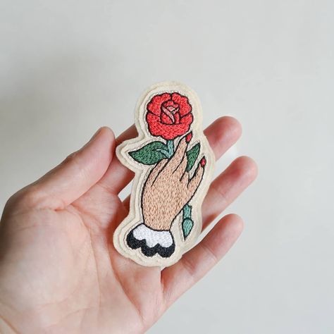 Hand With Rose, Feminist Embroidery, Denim Jeans Jacket, Making Fabric Flowers, Copper Anniversary Gifts, Embroidery Wall Art, Patch Embroidery, Flower Patch, Rose Embroidery