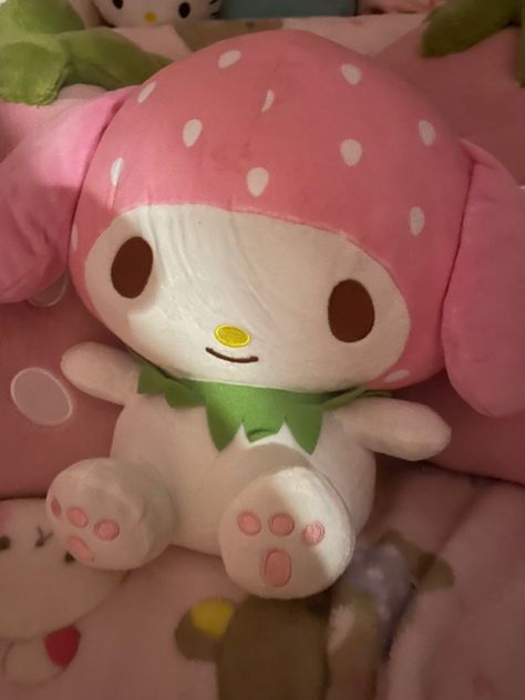 My Melody Poster, My Melody Plushies, Sanrio Plushies Icon, Sanrio Plushies My Melody, Plushies Sanrio, My Melody Strawberry, My Melody Plush Aesthetic, Monkichi Sanrio Plush, My Melody Strawberry Plush