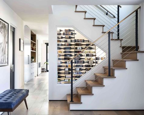 Under Stairs Pantry, Space Under Stairs, Small Bars For Home, Wine Closet, Built In Pantry, Floating Staircase, Powder Room Design, Shelving Design, Curved Staircase