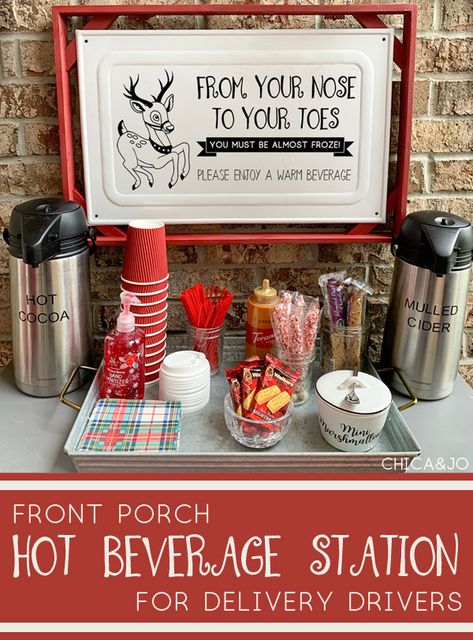 Front porch hot cocoa station for delivery drivers Hot Cocoa Station Party, Keurig Hot Chocolate, Hot Drinks Station, Hot Drink Station, Hot Chocolate Station Ideas, Smores Night, Snack Corner, Hot Beverage Station, Simba Birthday