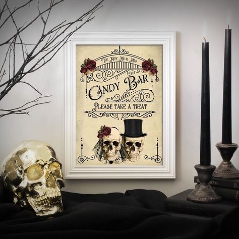 Sweetheart Table Wedding, Cheap Wedding Venues, Skull Wedding, Dessert Party, Wedding Guest Book Sign, Goth Wedding, Venue Decorations, Wedding Venue Decorations, Wedding Candy