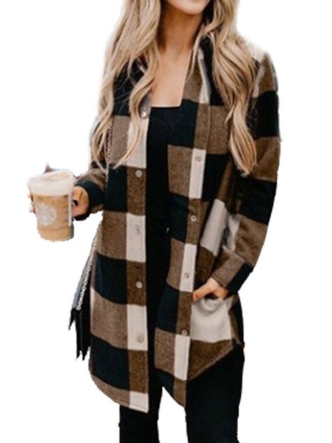 Loose Long Sleeve Single-Breasted Regular Women's Jacket Plaid Print Coat, Plaid Shirt Women, Spring Blouses, Straight Clothes, Plaid Shirts, Plaid Coat, Mini Robes, Long Sleeve Plaid Shirt, Print Coat