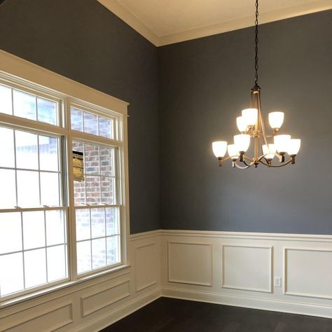 Wall Street Sherwin Williams, Farmhouse Flip, Cottage Paint Colors, Office Wall Colors, Dining Room Wall Color, Cabot Cove, Molding Design, Neutral Dining Room, Dining Room Paint