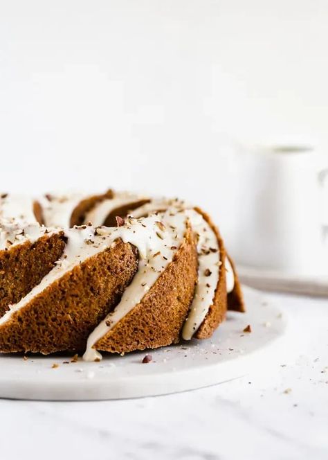 Hazelnut Chai Spice Bundt Cake with Browned Butter Glaze | Browned Butter Blondie | This bundt cake recipe is like a warm hug by the fire. This perfectly tender cake has a light crumb texture and you’ll fall in love with the chai spice and brown sugar flavors we all crave this time of year. Topped with a smooth, homemade browned butter glaze, this cake makes a great alternative to pie at your next holiday dinner. Chai Spice Cake, Chocolate Chunk Scones, Spice Bundt Cake, Butter Glaze, Bundt Cake Recipes, Browned Butter, Chai Spice, Bundt Cakes Recipes, Spice Cake