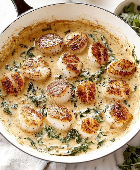 Creamy Tuscan Scallops Recipe Tuscan Scallops, Scallops Recipe, Sun Dried Tomato Sauce, Stuffing Recipes For Thanksgiving, Best Mashed Potatoes, Banana Bread Recipe Moist, Creamy Garlic Sauce, Baked Potato Recipes, Moist Banana Bread