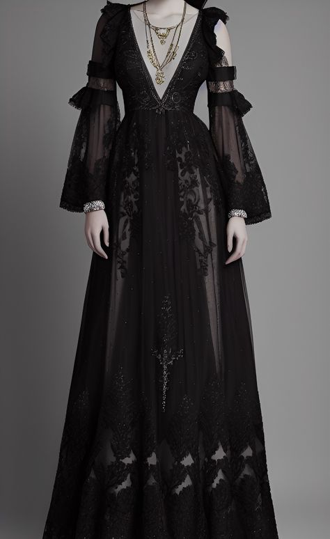 Vanessa Ives Outfit, What To Wear To A Gothic Wedding, Gothic Elegant Dress, Dark Tone Outfit, Witchy Black Dress, Vampire Fantasy Outfit, Dark Fantasy Ballgown, Gothic Evening Gown, Glam Witch Aesthetic