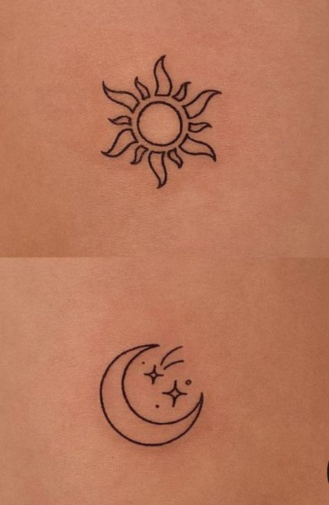 Sun Moon And Stars Tattoo For Sisters, Moon Sun Tattoo Couple, Sunshine And Moon Matching Tattoo, Sun Moon Vertical Tattoo, Single Line Sun And Moon Tattoo, Letter S Tattoo, Small Best Friend Tattoos, Matching Sister Tattoos, Matching Couple Tattoos