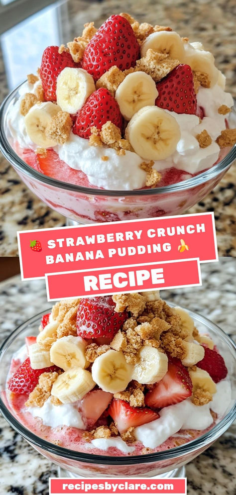 Try this Creamy Strawberry Crunch Banana Pudding! Layers of banana, pudding, and a strawberry crunch topping make this dessert irresistible. 🍓🍌

Ingredients:

1 cup vanilla wafer cookies
3 tbsp melted butter
1 cup fresh strawberries
Top with whipped cream and extra strawberry crunch for a sweet finish! Strawberry Banana Bowl, Strawberry Banana Crunch Pudding, Red Velvet Banana Pudding Recipe, Strawberry Shortcake Banana Pudding, Banana Pudding With Strawberries, Strawberry Banana Pudding Recipes, Strawberry Cheesecake Banana Pudding, Banana Strawberry Pudding, Strawberry Banana Pie