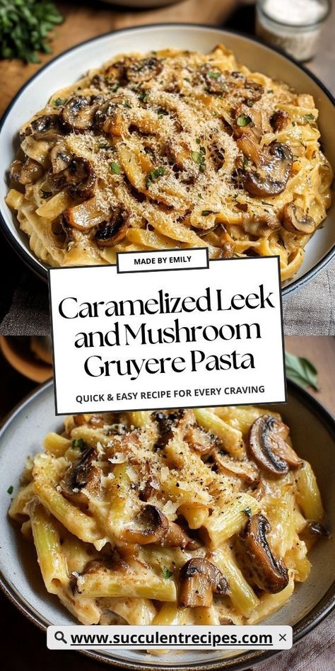 This Caramelized Leek and Mushroom Gruyere Pasta is creamy, savory, and packed with flavor. A perfect dinner idea for cozy nights at home! Gruyere Pasta, Mushroom Gruyere, Mushroom Recipes Pasta, Leek Recipes, Creamed Leeks, Creamy Pasta Recipes, Diy Snacks, Perfect Dinner, Mushroom Pasta