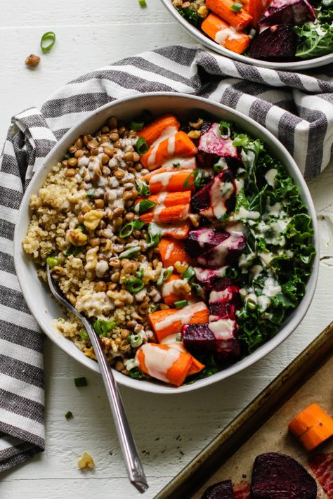 Roasted Carrot, Beet, & Lentil Macro Bowl with Oil-Free Maple Tahini Macro Bowls, Macro Bowl, Roasted Carrot, Lemon Tahini Dressing, Veggie Bowl, Tahini Dressing, Roasted Beets, Roasted Carrots, Whole Foods Market