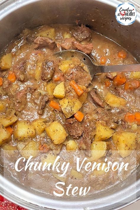 My husband likes to hunt deer and elk in the fall. This Chunky Venison Stew is a wonderful way to use some of the processed meat. There is nothing quite like having meat simmer on your kitchen stove. It smells so good. Meat that simmers for hours and turns so tender that it falls apart in your fork. #chunkyvenisonstew #venisonmeat #stew #soup #comfortfood #countryatheartrecipes https://countryatheartrecipes.com/2014/09/chunky-venison-stew/ Venison Butterfly Steaks Recipes, Venison Beef Stew, Venison Crockpot Recipes, Venison Stew Crockpot, Deer Stew, Venison Stroganoff, Dutch Oven Beef Stew, Elk Meat, Backstrap Recipes