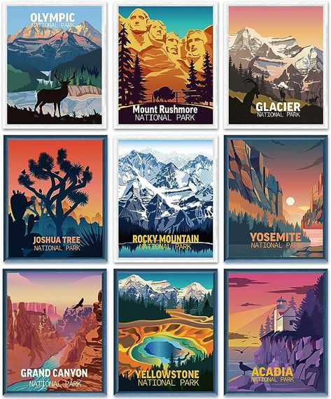 Vintage National Park Posters, Vintage National Park, Desert Landscape Art, City Posters Design, Dining Office, Retro Kunst, Camping Party, Mountain Print, Park Art