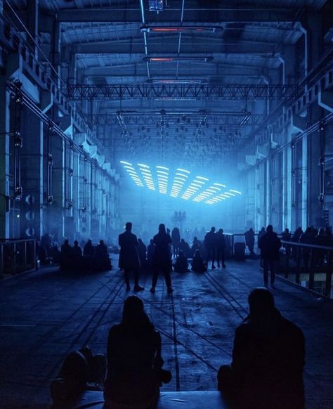 Cyberpunk Dance Club, Futuristic Party Aesthetic, Warehouse Party Aesthetic, Warehouse Nightclub, Rave Warehouse, Warehouse Aesthetic, Warehouse Rave, Underground Aesthetic, Underground Party