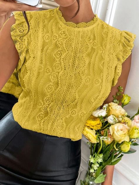 Back Lace Blouse, Women Lace Blouse, Butterfly Sleeve, Plain Tops, Yellow Top, Women Blouses, Butterfly Sleeves, Lace Blouse, Women Tops